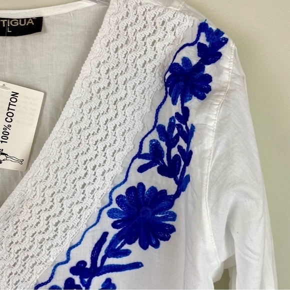 Antigua White blue embroidered swim cover up or tunic top size L - Picture 8 of 11
